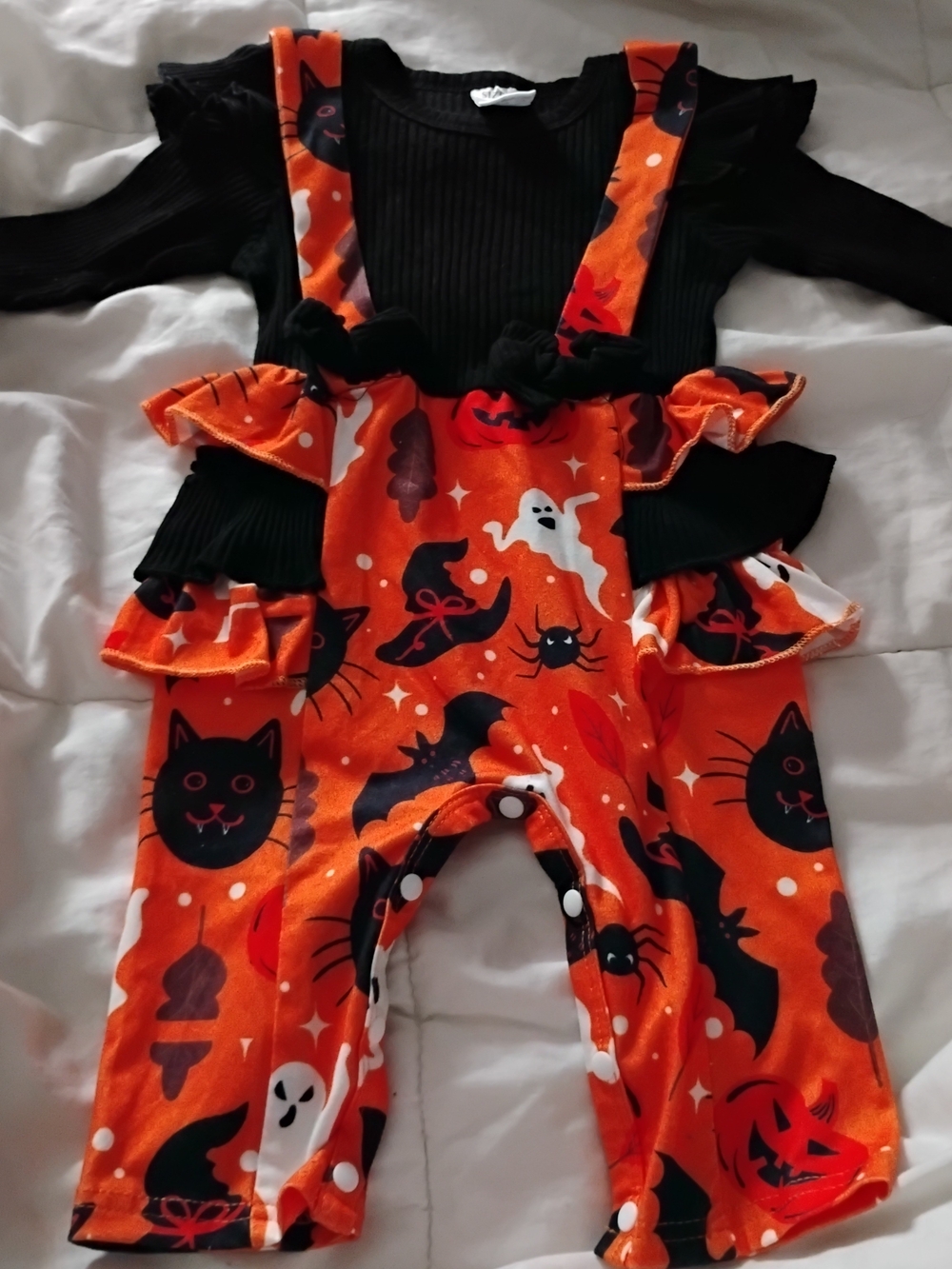 SHEIN Orange Black Halloween Ruffle Suspender Romper